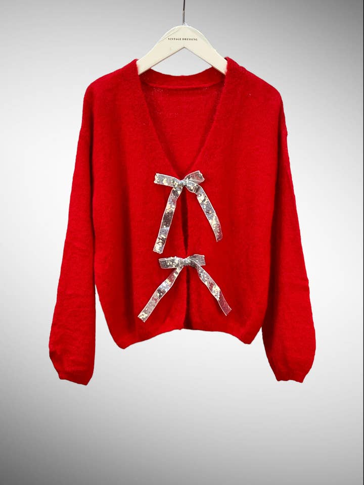 Moov Group - Wholesale Cardigan - Women's - Tie-front cardigan, V-neck, glitter ribbons T005