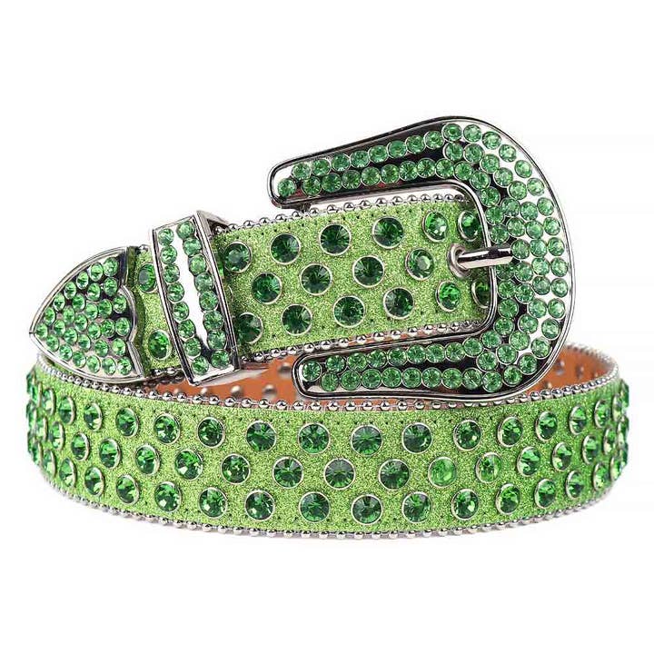 Correa verde con cinturón de strass con tachuelas verdes para venta al por mayor de Rhinestone Belt Store