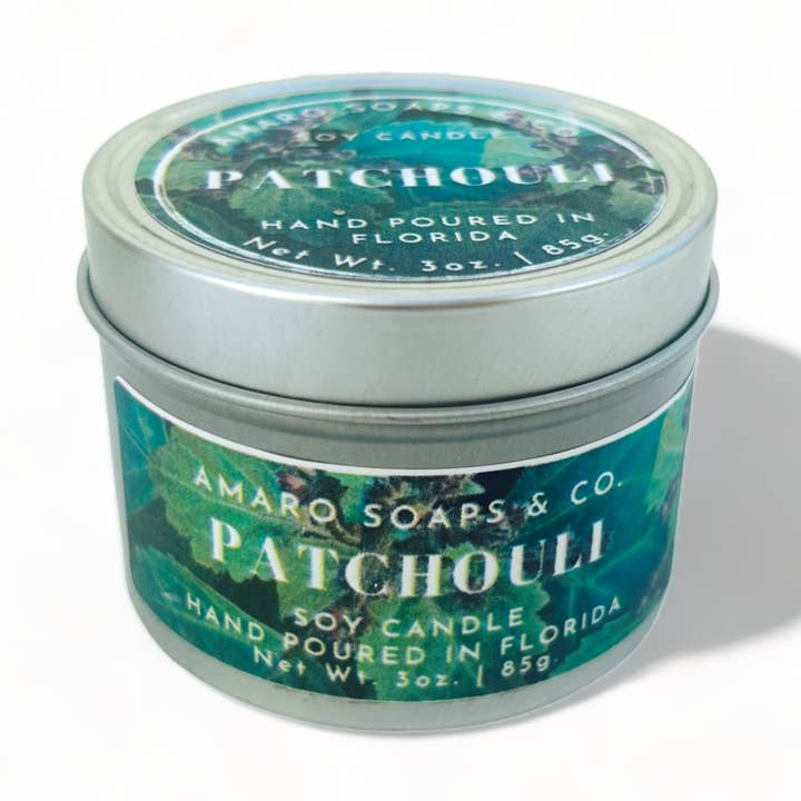 Lata para velas de soja y pachulí para venta al por mayor de Amaro Soaps & Co.