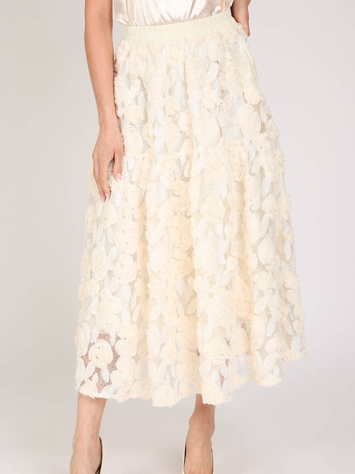 Ruffled Floral Petal on Mesh A-Line Midi Skirt QM5000 for wholesale by Beulah Style