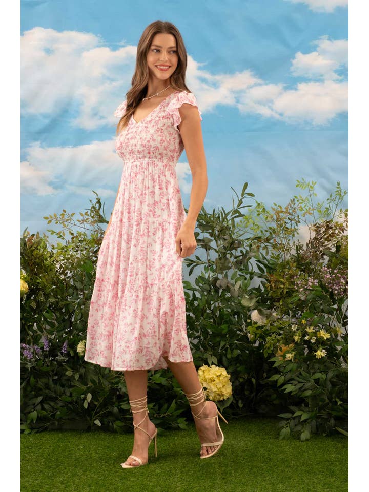 Blu Pepper - Wholesale Dress - Women's - FLORAL V NECK SMOCKED SHORT SLEEVE MIDI DRESS