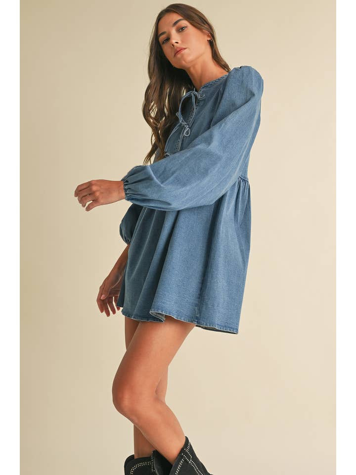 MIDIUM WASH Denim Bow Mini Dress for wholesale on Faire