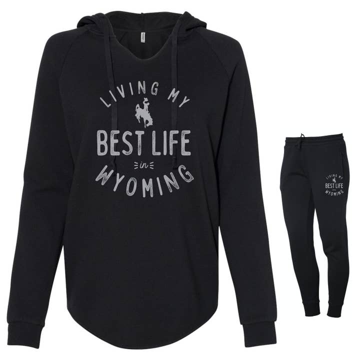 Living My Best Life in Wyoming Steamboat Women’s Lightweight Black Hooded Sweatshirt for wholesale by Living My Best Life in Wyoming