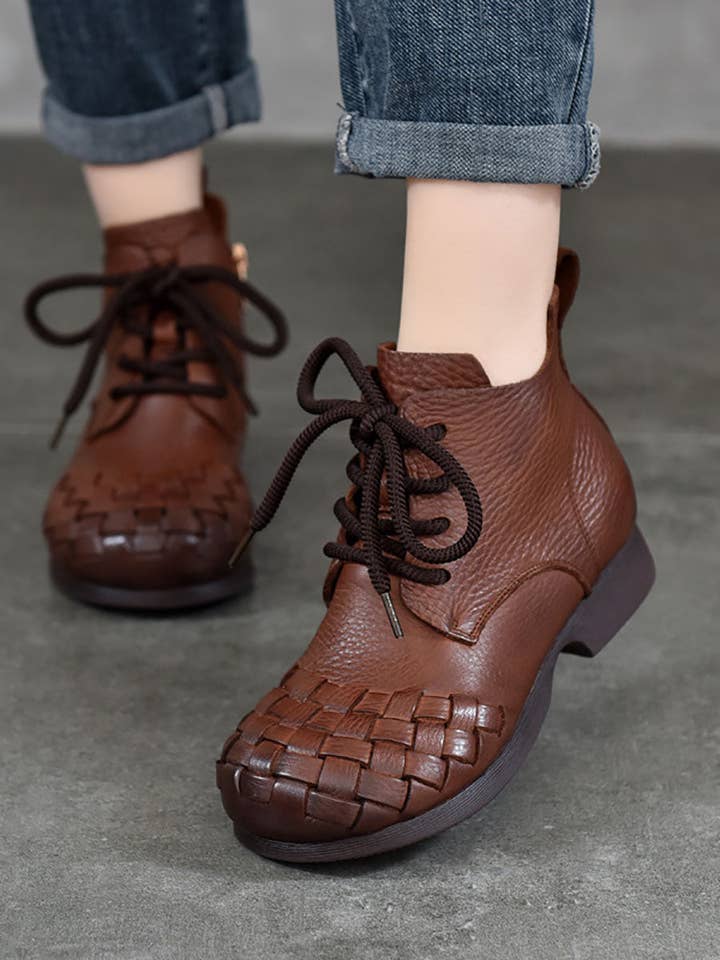 Vintage enkellaarzen met lage hak van echt geweven materiaal voor dames voor wholesale door StyleGalX