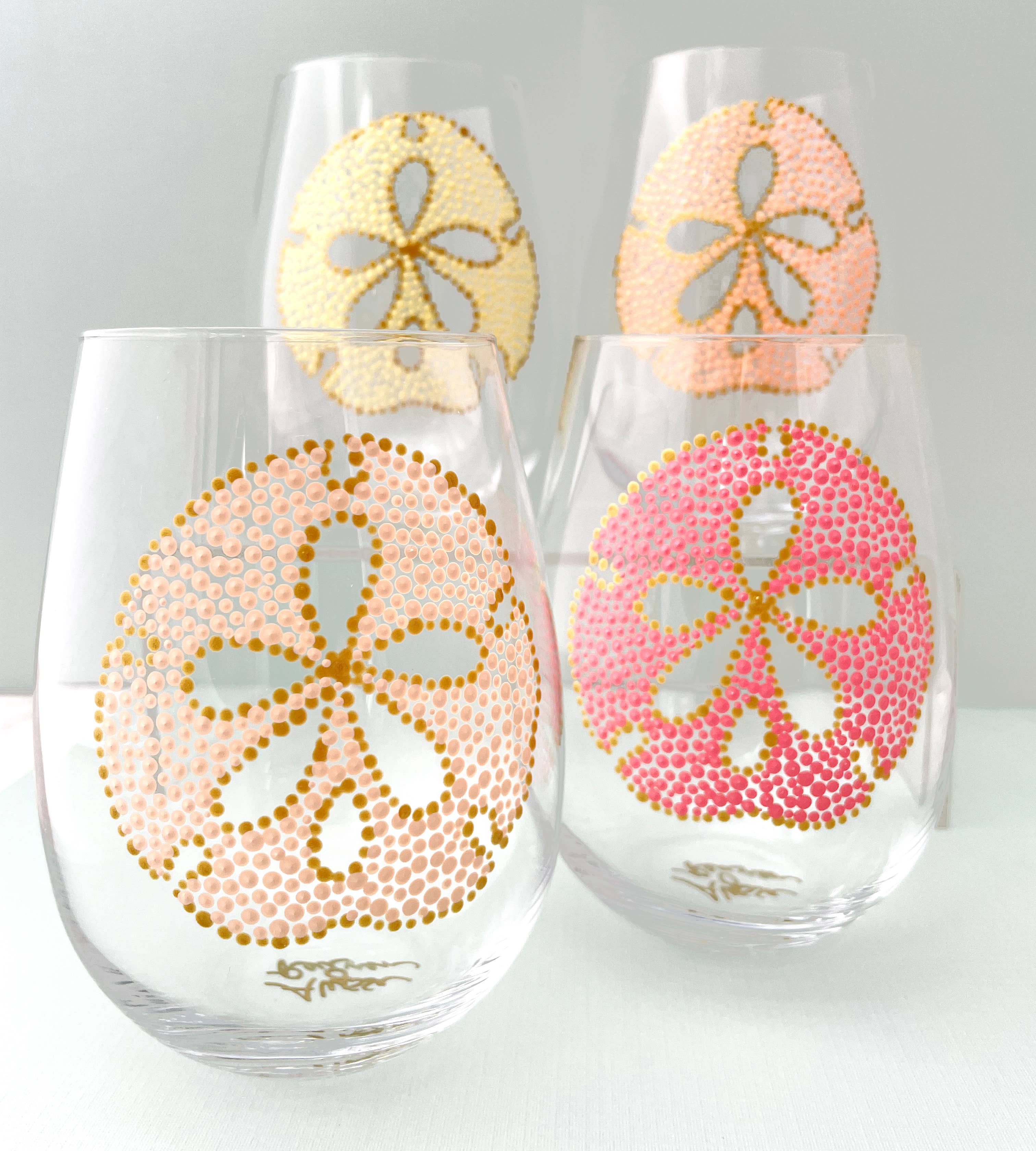 Aqua Gold Hand Painted Sand Dollar Stemless Wine Glasses S/4, Coastal for wholesale on Faire1