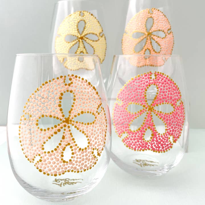 Aqua Gold Hand Painted Sand Dollar Stemless Wine Glasses S/4, Coastal for wholesale on Faire1