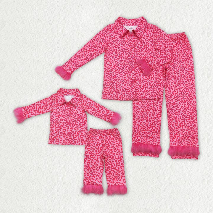 Mommy and Me Dark Pink Leopard Buttons Fur Pajamas Clothes Sets for wholesale by Aier Wholesale