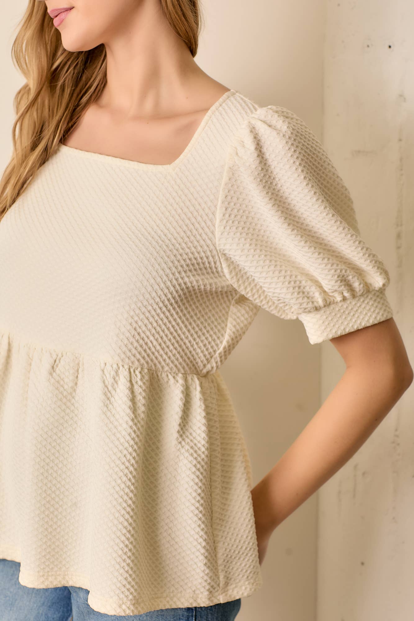 CREAM TEXTURED SQUARE NECK SHORT SLEEVE TOP for wholesale on Faire2