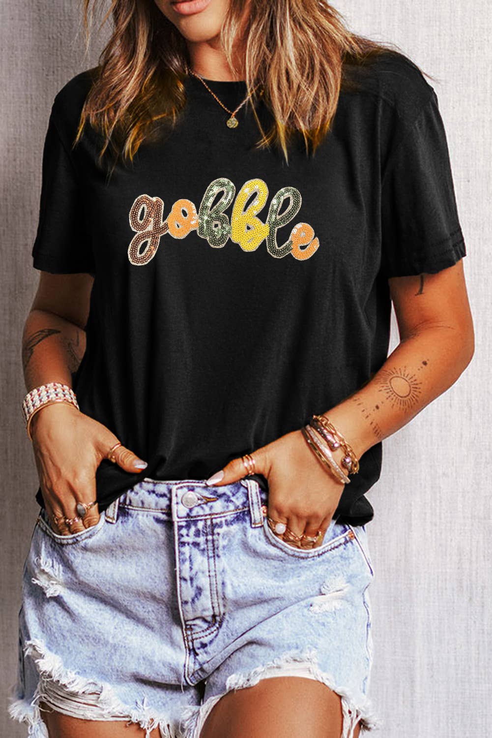 Black gobble Sequin Letter Graphic Thanksgiving T Shirt for wholesale on Faire1