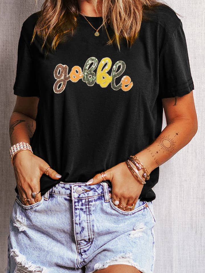 Black gobble Sequin Letter Graphic Thanksgiving T Shirt for wholesale on Faire1