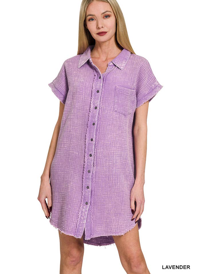 LAVENDER Washed Double Gauze Button Down Shirt Dress for wholesale on Faire3