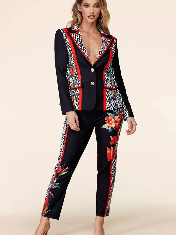 Ensemble de costume blazer à fleurs noires pour la vente par The Steven Wick Company