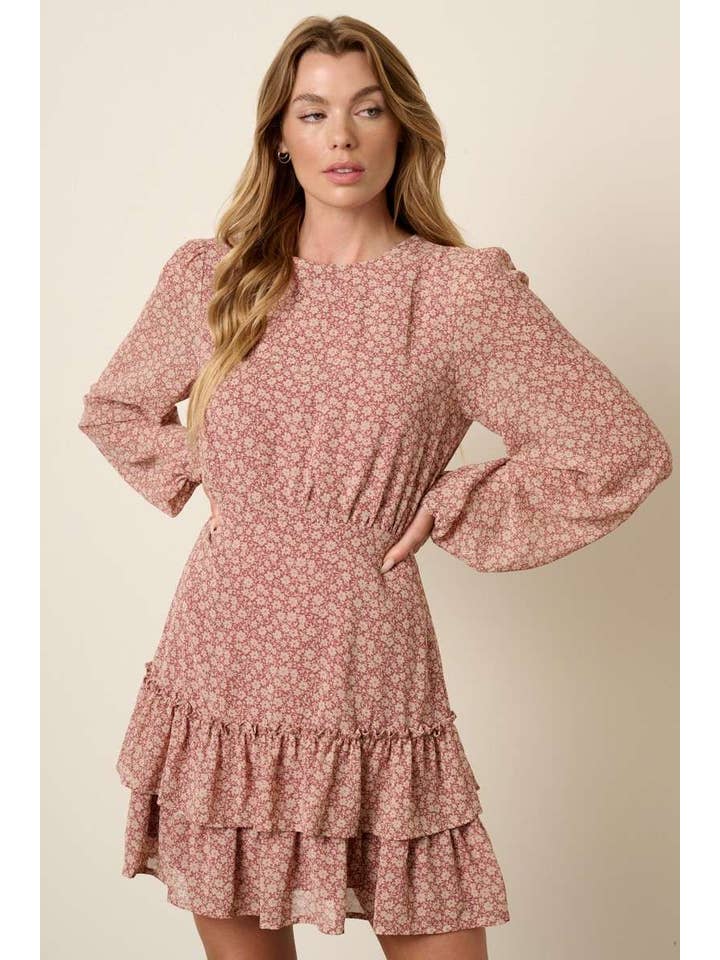 mittoshop - Wholesale Dress - Women's - FLOWER PRINT ROUND NECK RUFFLE DETAIL MINI DRESS5