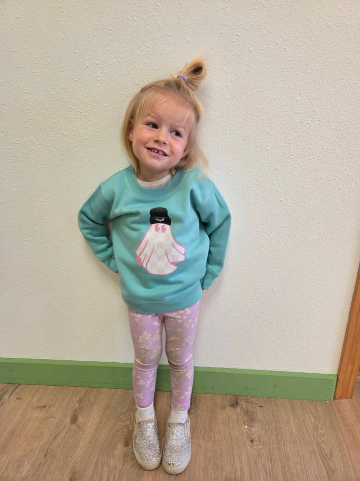 Kids Halloween Crewneck Sweatshirt – Rabbit Skins 3317 Toddler & Youth Fleece | Saltwater Pink Checkered Ghost Design for wholesale by Hopeful Hearts Clothing Co