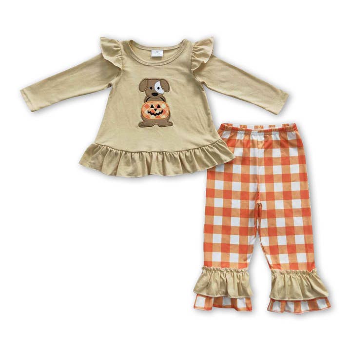 Dog pumpkin shirt plaid pants girls Halloween clothes for wholesale by Yawoo Garments