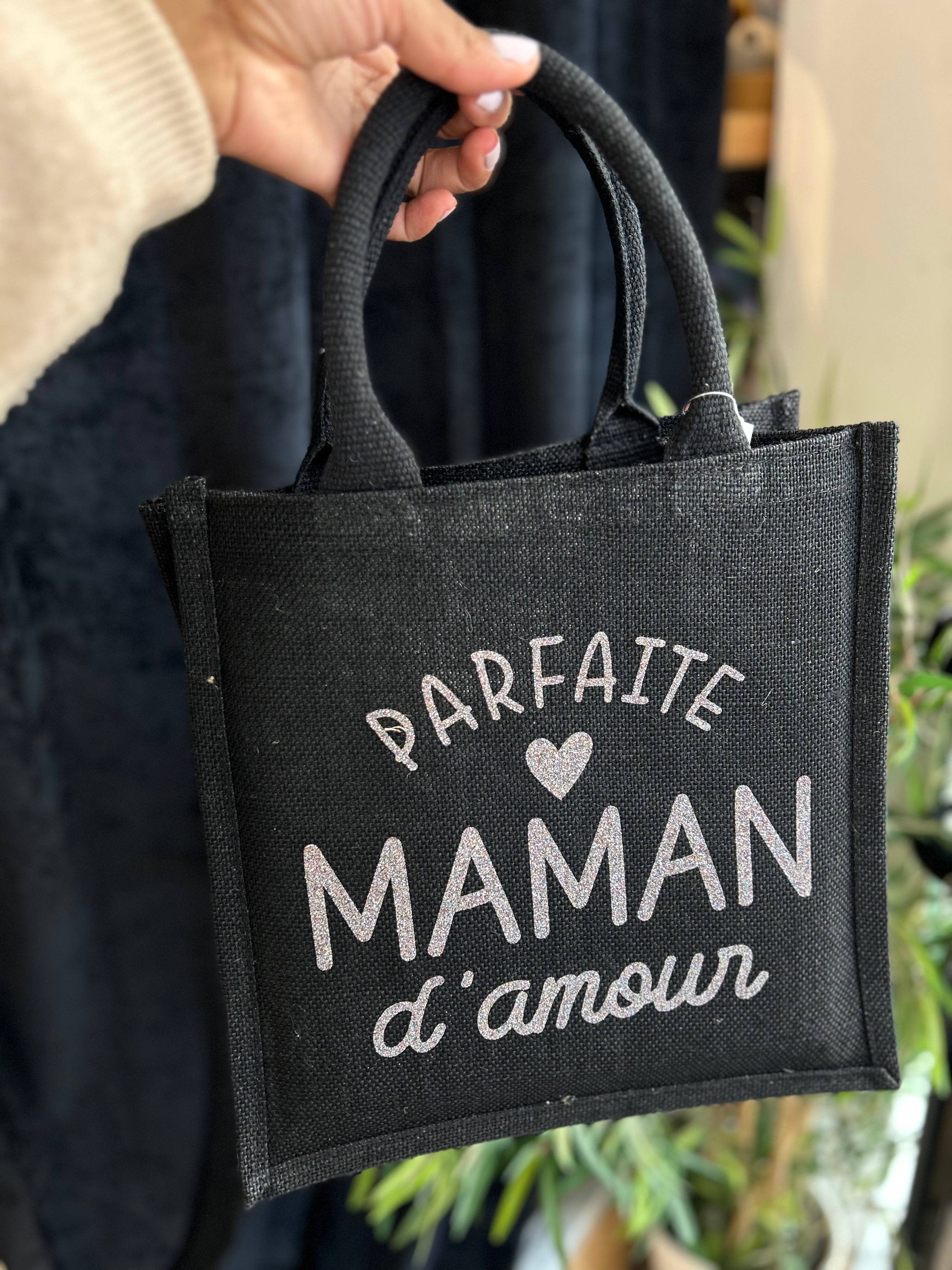 Toiles Chics - Wholesale Draagtas - Dames - Zwarte jute tas « Perfecte mama vol liefde » - Moederdag1
