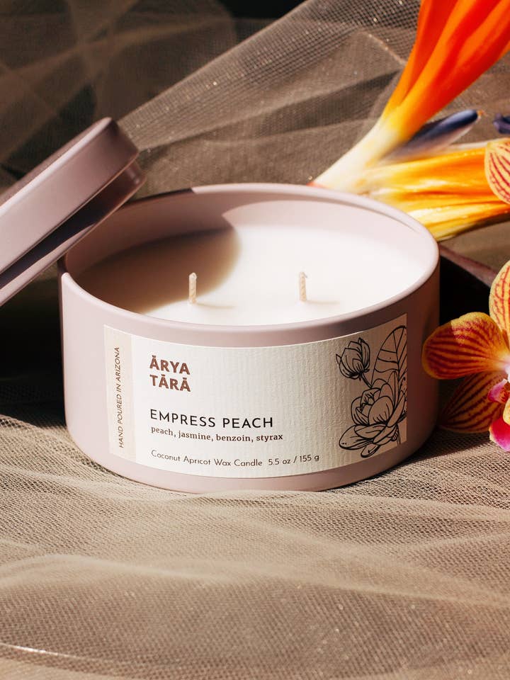 Empress Peach Candle | Spring peach scent | 5.5 oz tin for wholesale by Arya Tara