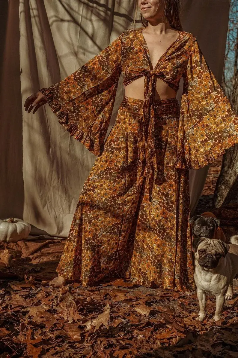 Bhawana Handicrafts - Wholesale Top & Pant Set (NOT Loungewear) - Women's - 5 Piece Lot, Hippie Boho 2 piece Top Pants Outfit Set Style1