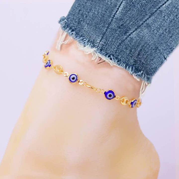 18K Gold Plated Mariner Blue Evil Eye Crystal Anklet for wholesale by Vesa Jewels