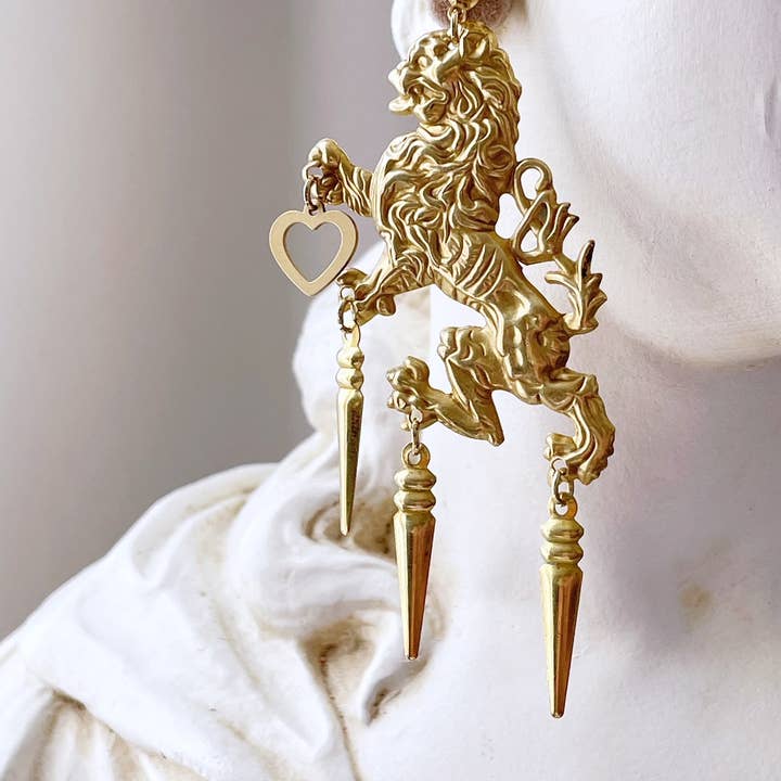 Pearl and Ivy Studio - Wholesale Dangle Earrings - Vintage style brass animal statement earrings - Lion Heart