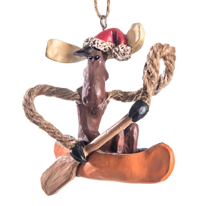 J Devlin Glass Art & Bert Anderson Collection - Wholesale Ornament - Moose In Canoe Ornament With Santa Hat | BAC 186
