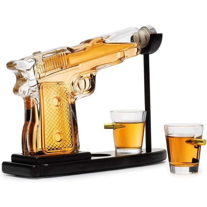 The Wine Savant / Khen Glassware – wholesale Decanter – Pistol Gun Decanter Set + 2 Bullet shot Glasses & Wood Stand