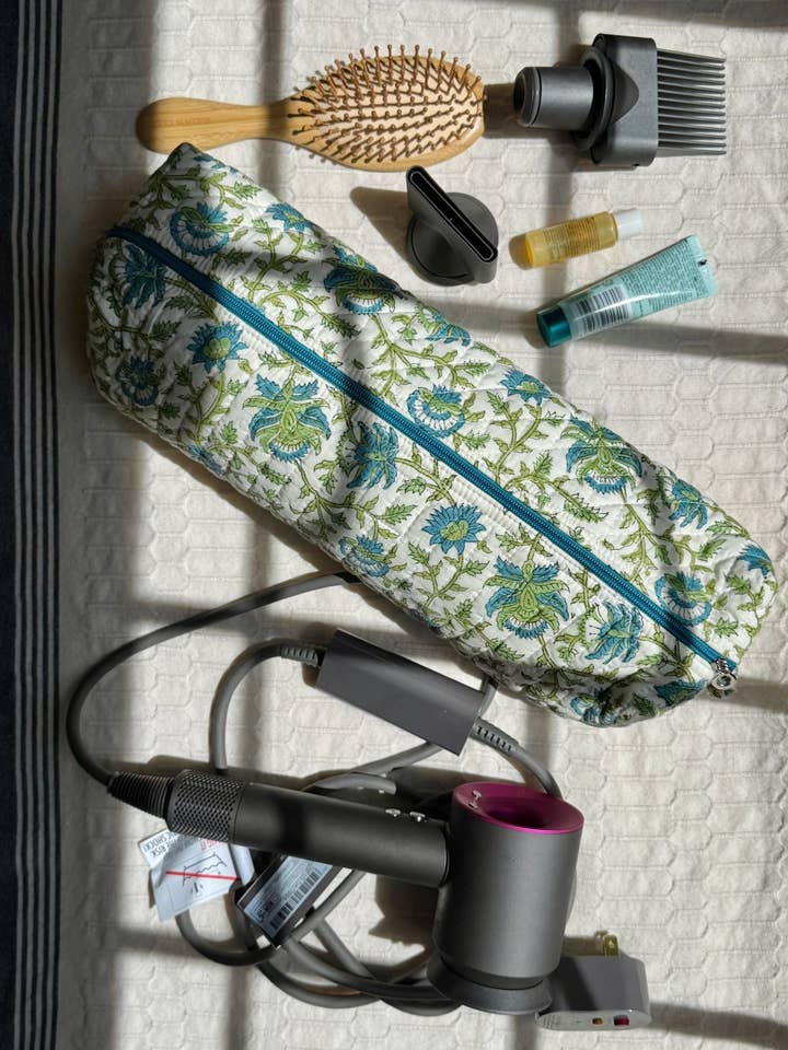 Handblock Printed Cotton Hair Tool Bags for wholesale by House of Mulmul LLC