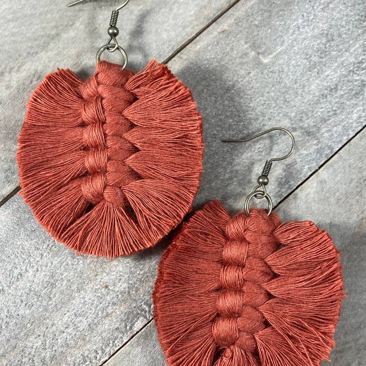 HK Macrame Jewelry - Wholesale Dangle Earrings - Macrame Feather Fringe Earrings - Cider Orange