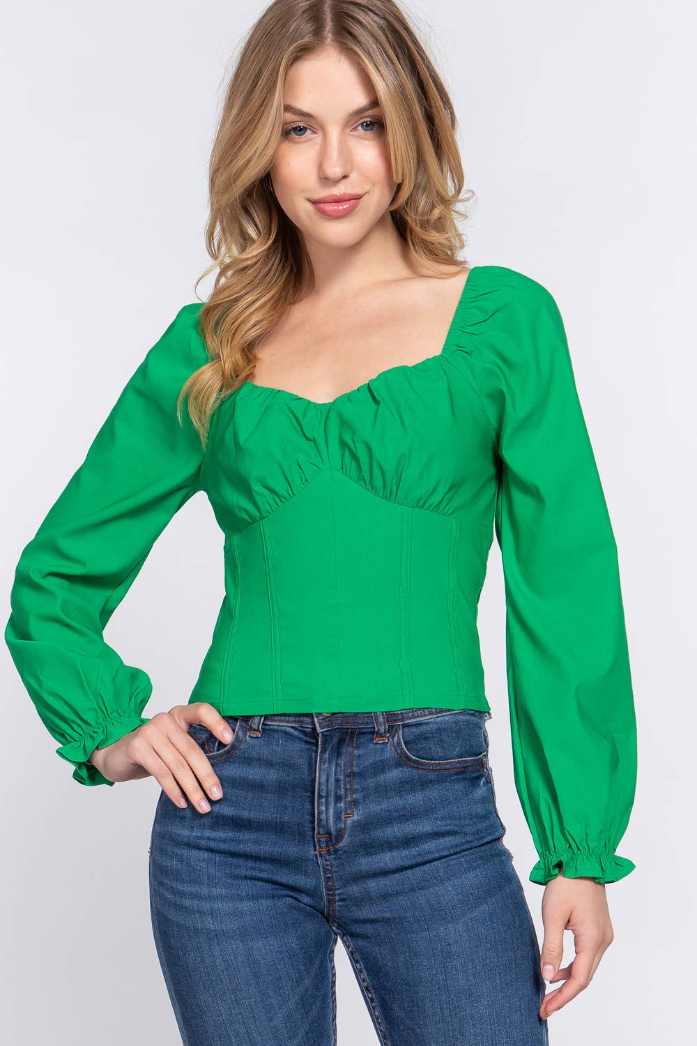 Active Basic | Active USA - Vendita all'ingrosso Camicetta - Donna - Top a bustino elasticizzato con scollo a cuore a maniche lunghe13