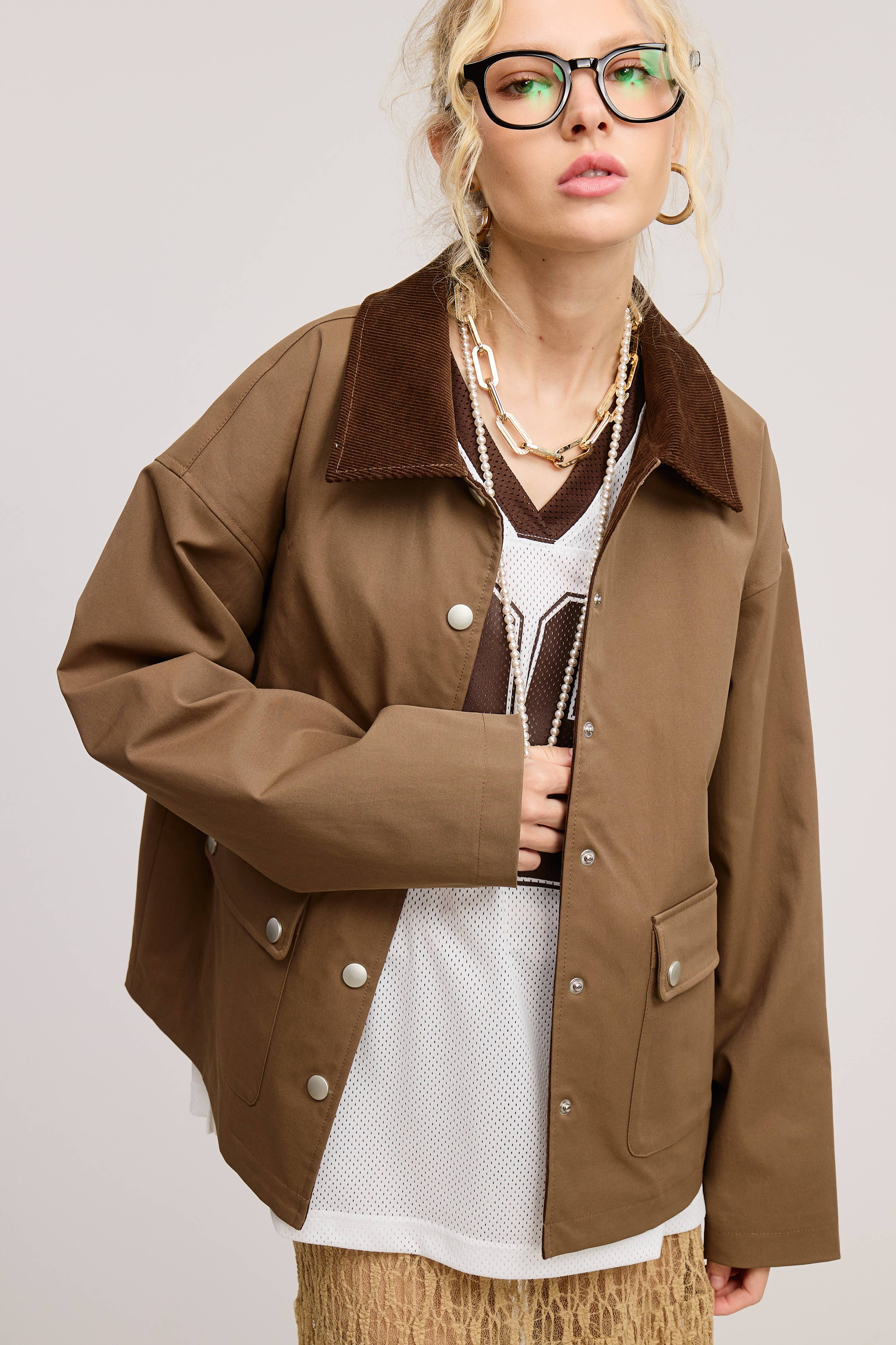 Brown Barn Jacket with Corduroy Collar and Snap Pockets for wholesale on Faire8