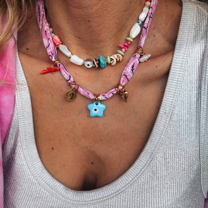 Goupi - Wholesale Pendant/Charm Necklace - Bohemian pink bandana scarf and colorful beaded necklaces