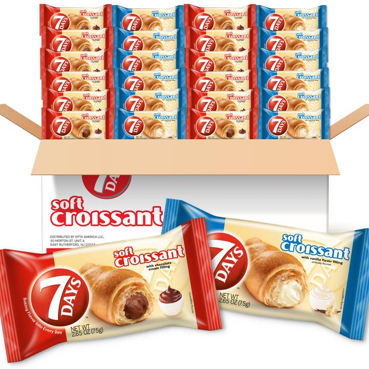Croissant Moelleux, Pack Variété 2 Saveurs : 12 Chocolat, 12 Vanille (75g, Pack de 24) pour la vente par 7days Snacks