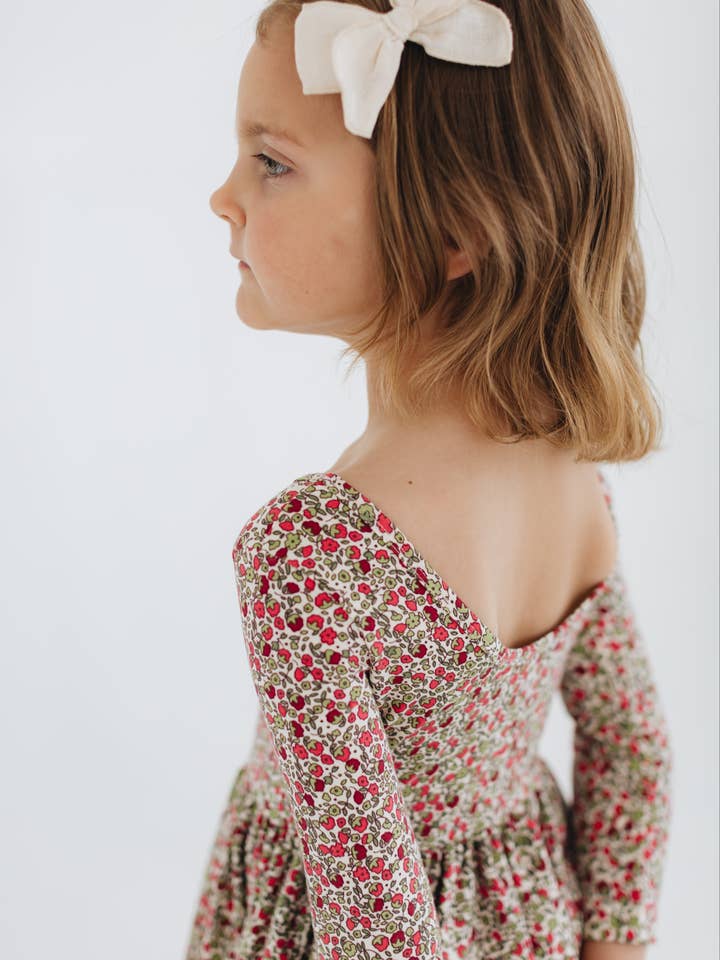 3/4 Sleeve Twirl Dress in Crimson Flora for wholesale by Good Apples Kids