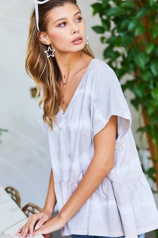 GREY V Neck Drop Shoulder Baby Doll Tie-Dye Top for wholesale on Faire16