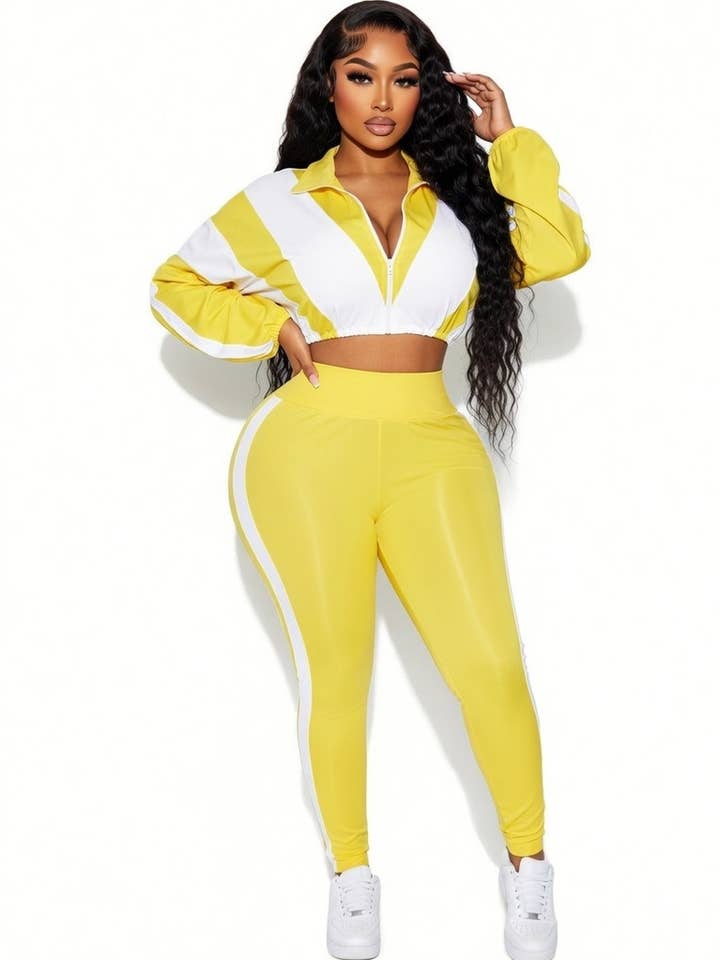 EVERY FASHION Zip-Up Crop Jacket & High-Waist Jogger Set HR25015 for wholesale by MB Fashion Wholesale