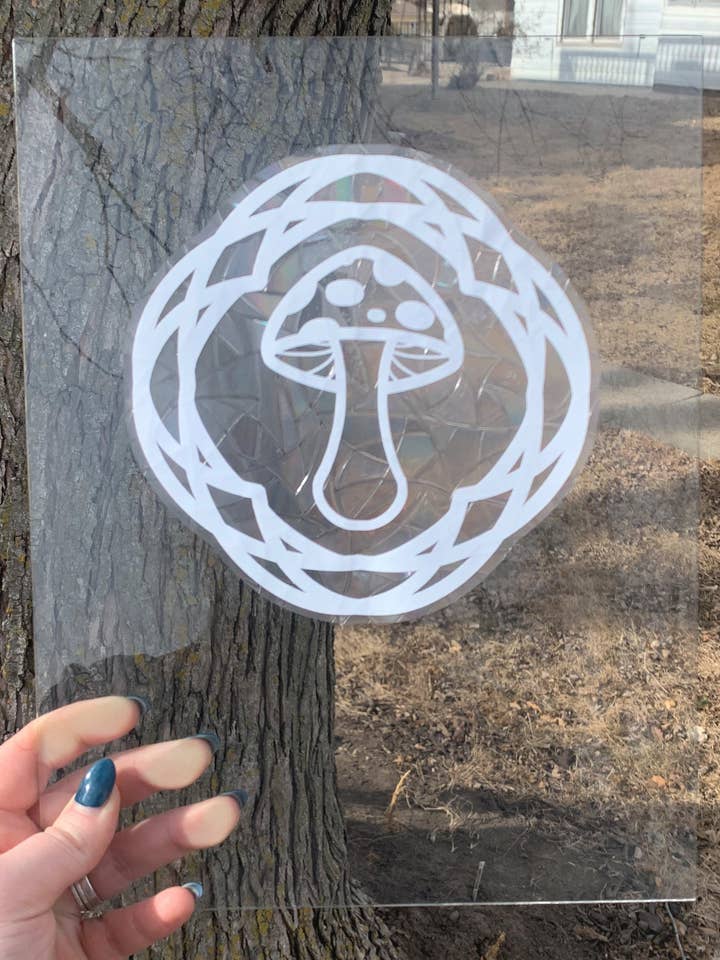 Mushroom Knot Holographic Window Decal for wholesale by Emily Rose Creates