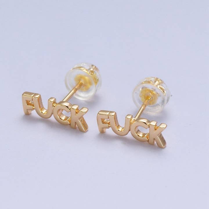 Dainty 16K Gold Filled "FUCK" Script Stud Earrings | AD-274 for wholesale by Aim Eternal
