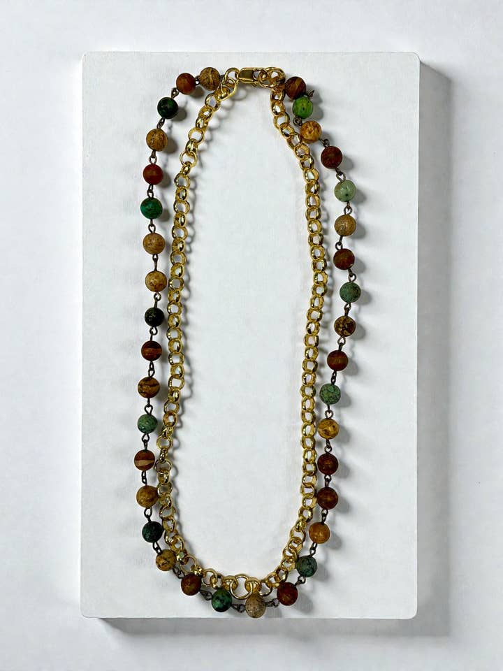 Double strand gold Rolo link with mixed jasper 21” for wholesale by Ava Capri