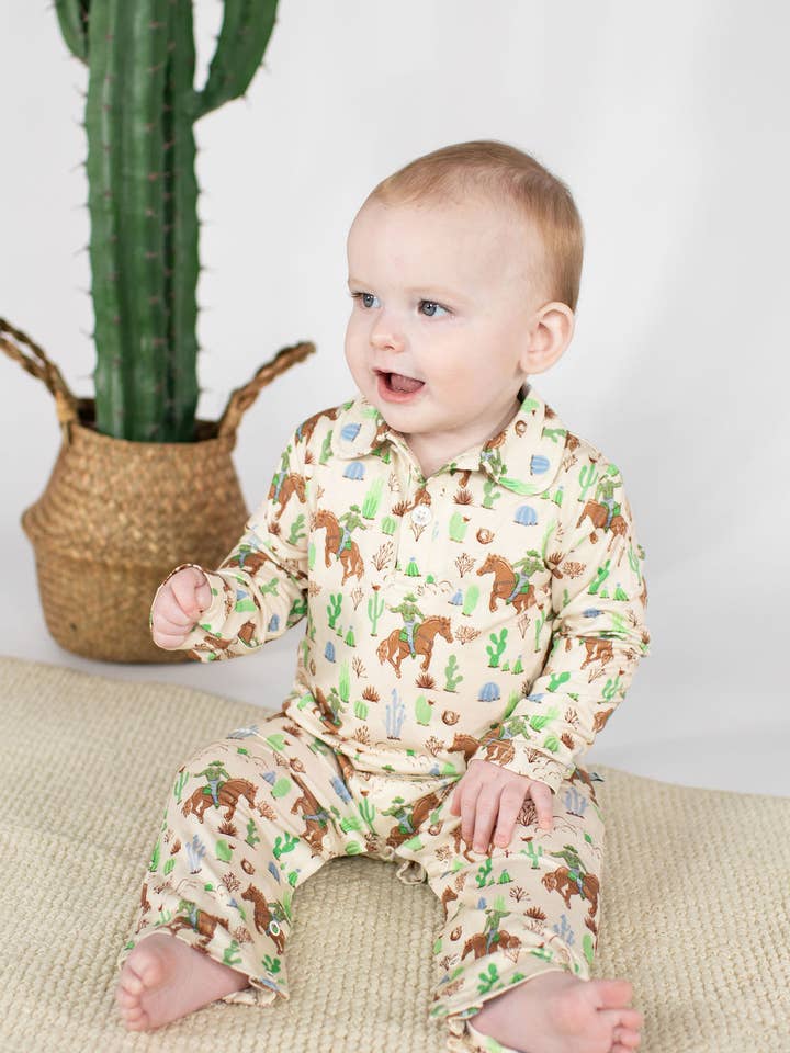 Goosies - Wholesale Clothing Set - Baby - Saddle Up, Cowboy Toile - LS Polo Romper1