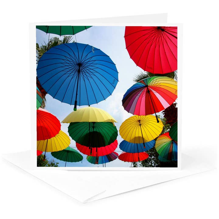 3dRose - Wholesale Everyday greeting card - 3dRose, A Shower of Rainbow Coloured Umbrellas, Greeting Card