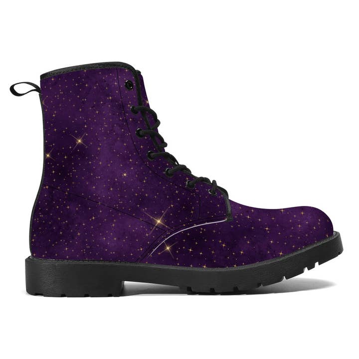 Raiana's Vibes - Wholesale Combat/Military Boots - Women’s - Purple Galaxy Women's Boots, Vegan Leather, Chakra Boots, Handcrafted Boots, Combat Boots, Rave Outfit, Trippy Hippie, Galaxy Mens Boots