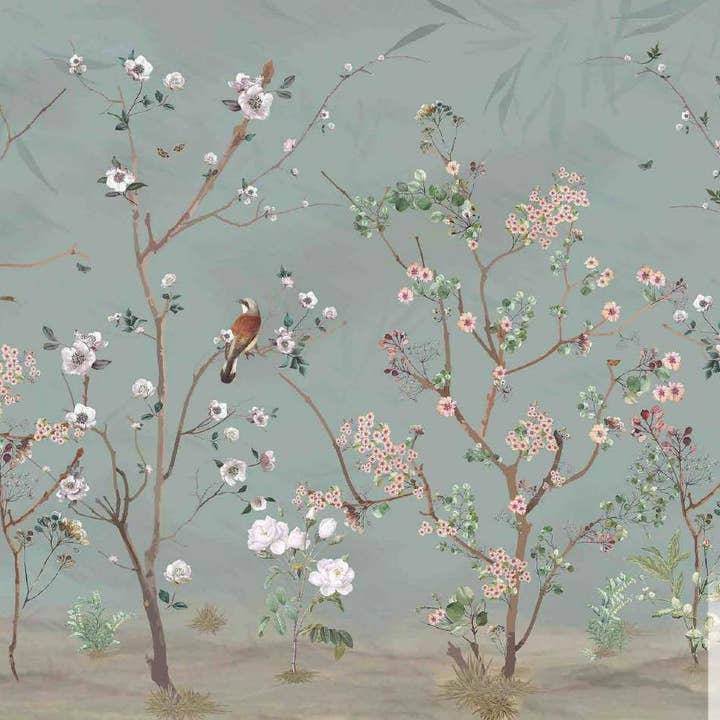 Walloro Luxury Embossed Wallpaper – Großhandel Tapete – Extra große Chinoiserie-Blumentapete, grüne Vogelblüten-Wandmalerei, benutzerdefinierte Größe, luxuriöse, moderne Tapete, nicht geklebt, waschbar, abnehmbar