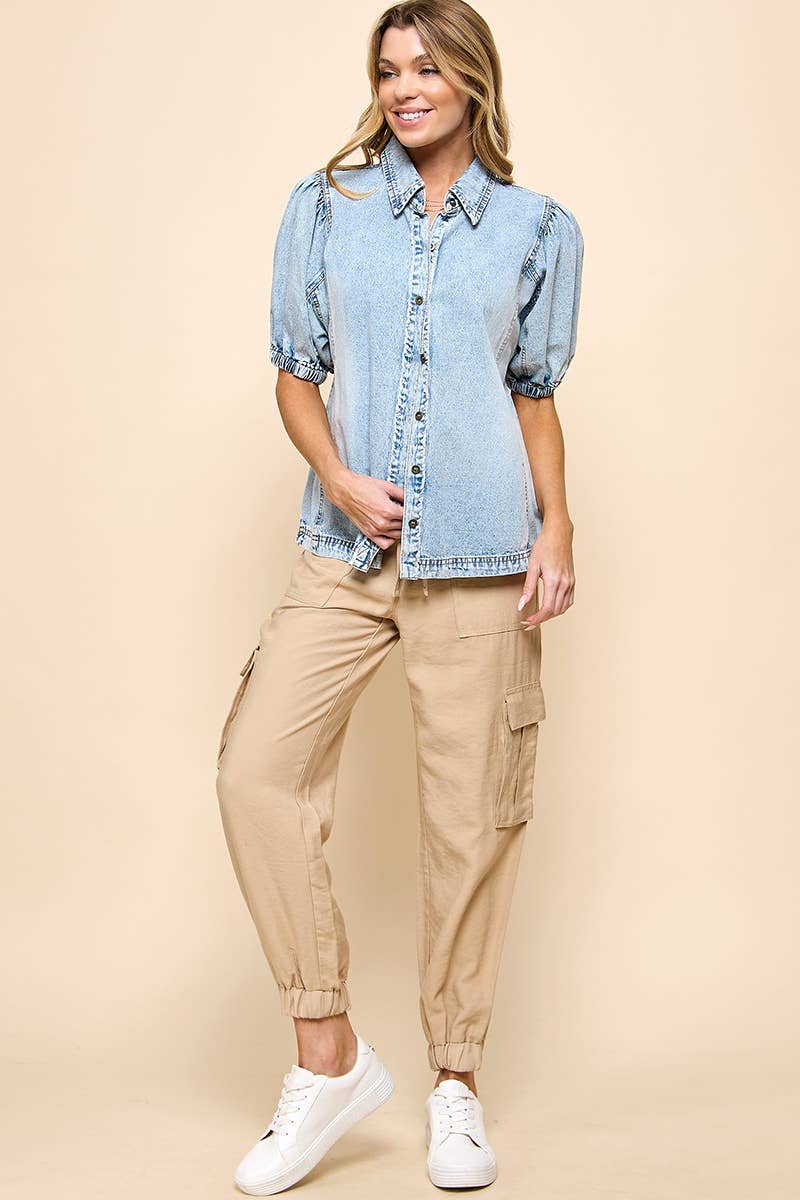 Light Blue Button Down Denim Top for wholesale on Faire4