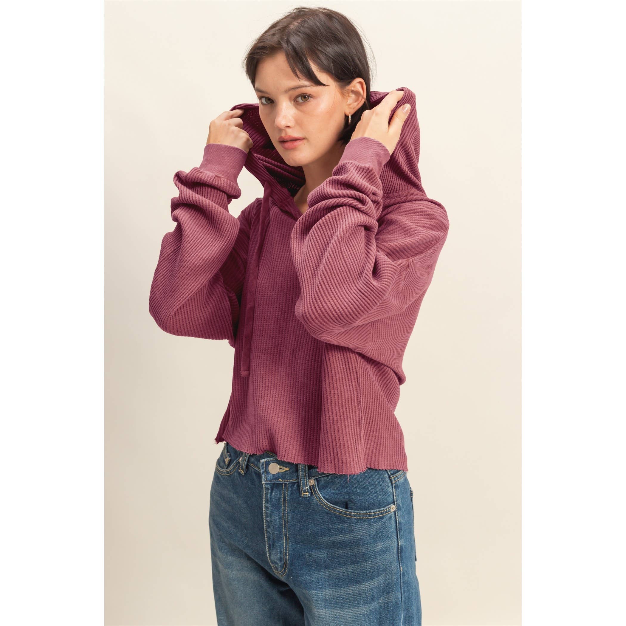 HYFVE – Hoodie – Mulher por atacado – Hoodie de Malha Waffle Cropped com Lavagem Mineral32