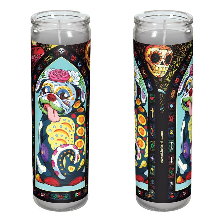 Day of the Dead Dog Pug Candle - "Chapo" for wholesale by Nicholas Ivins Art & Illustration
