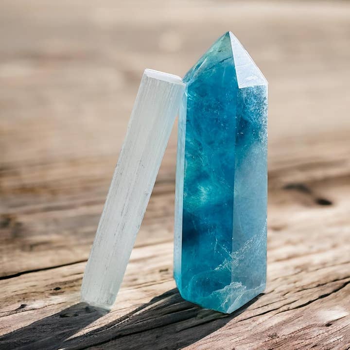 Blue Fluorite Point with Selenite Gift Set 2.74" 71g for wholesale by Doc Willard’s