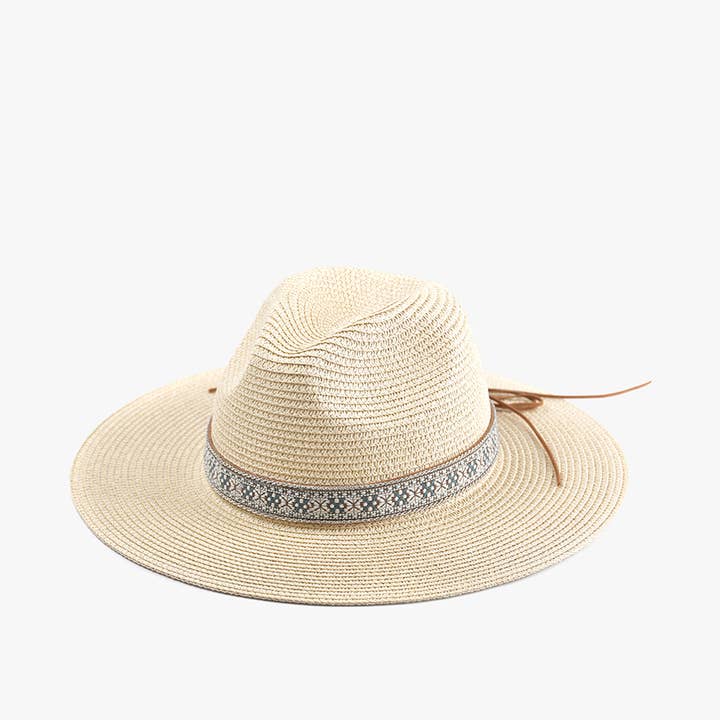 Beige HAT2318 Fisher Aztec Trim Straw Fedora for wholesale on Faire1