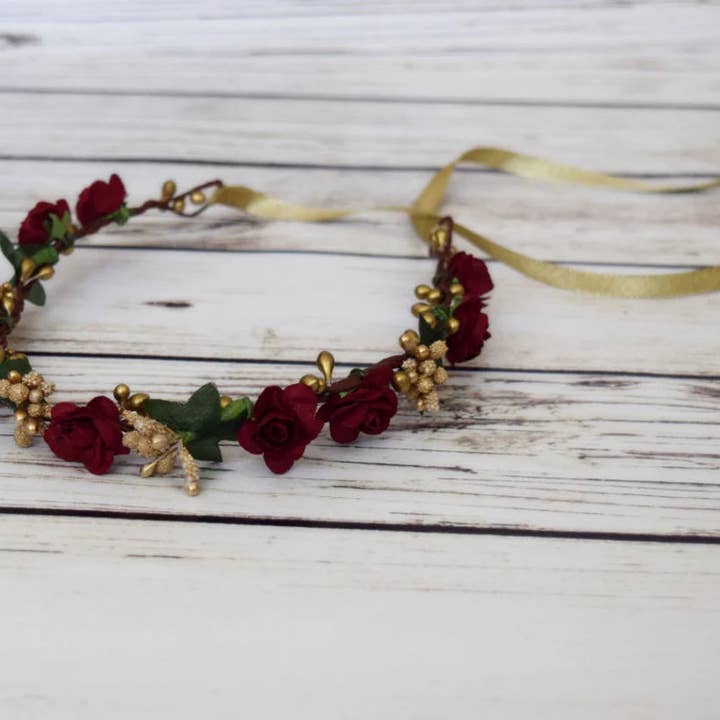 Handcrafted Burgundy and Gold Flower Crown for wholesale by The Pearled Rose