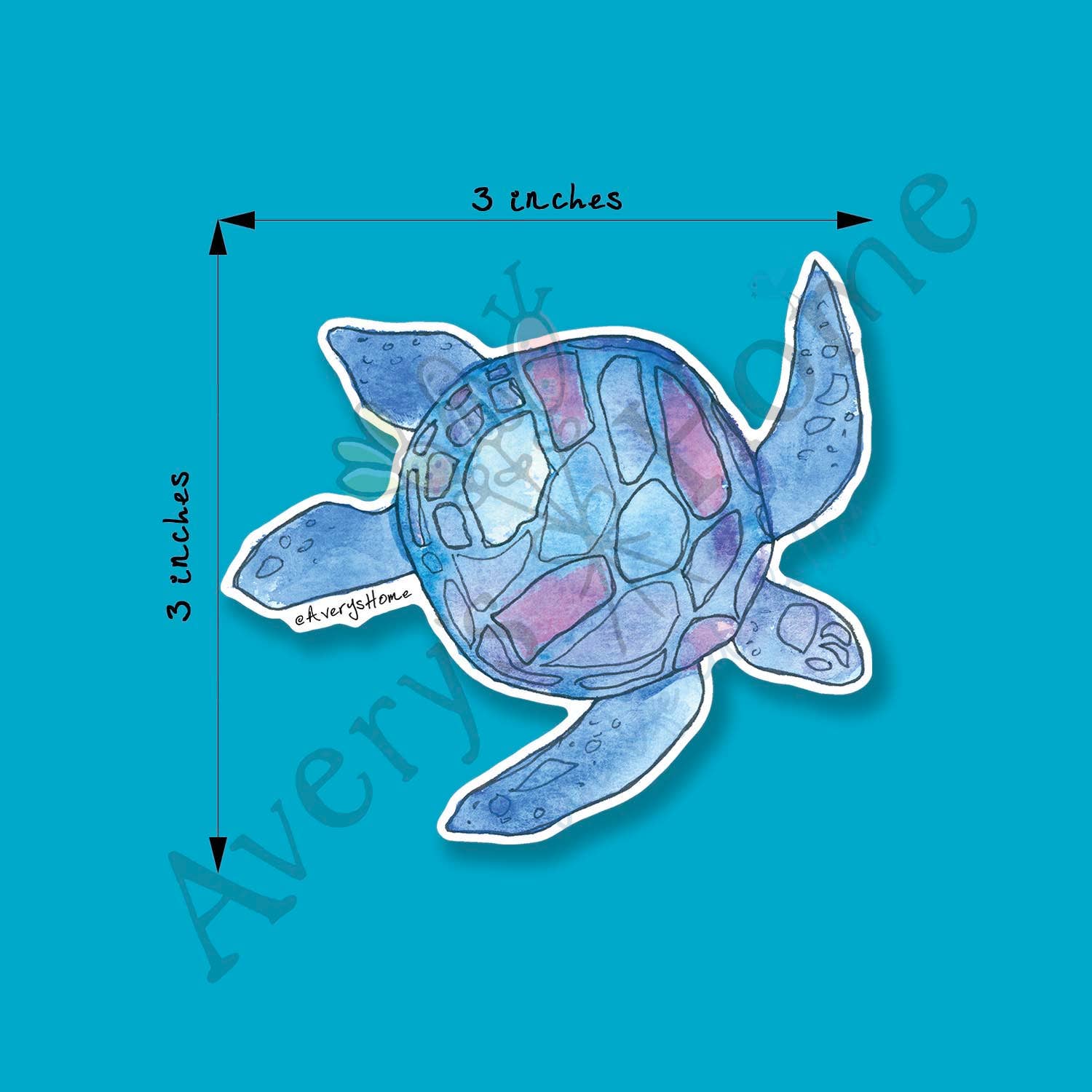 Avery's Home - Wholesale Sticker - Blue Watercolor Sea Turtle 3" White Vinyl Die-Cut Sticker
