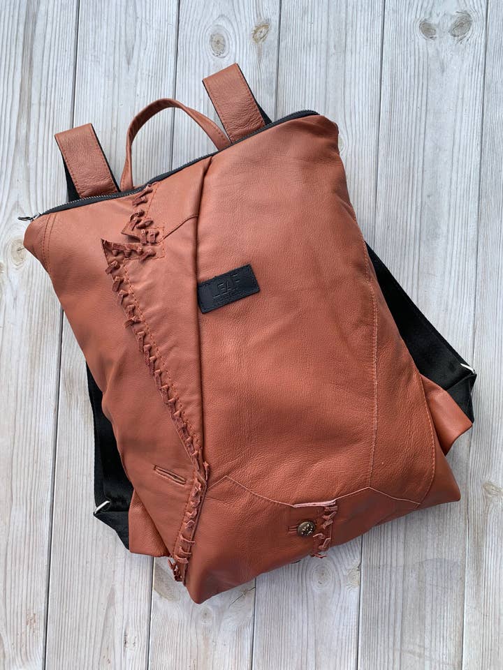 Unique Upcycled Brown Leather Backpack for wholesale by LeaF